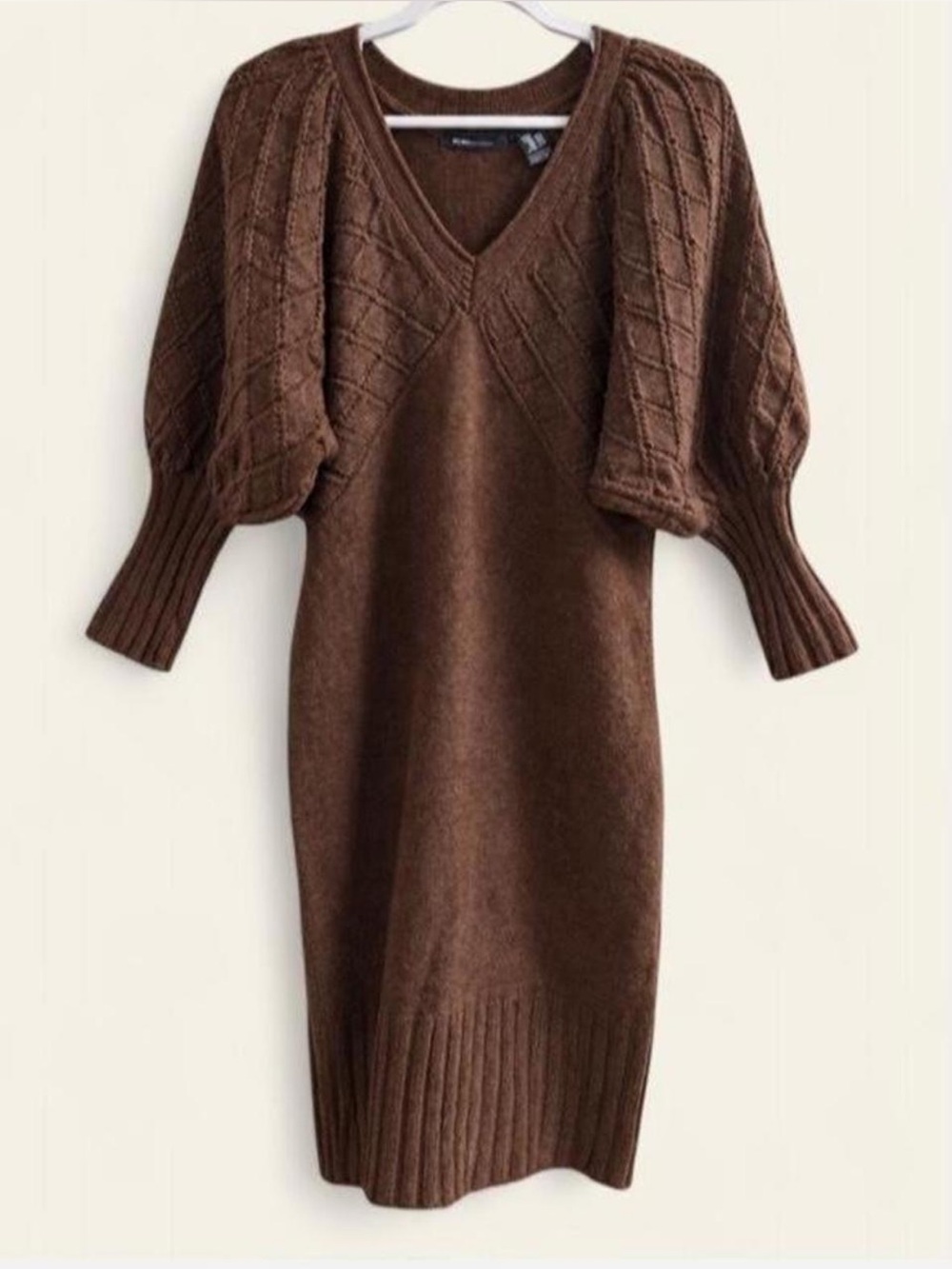 NWOT Vintage Y2K Victoria Secret Moda Intl Brown Puff Sleeve Sweater Dress Small